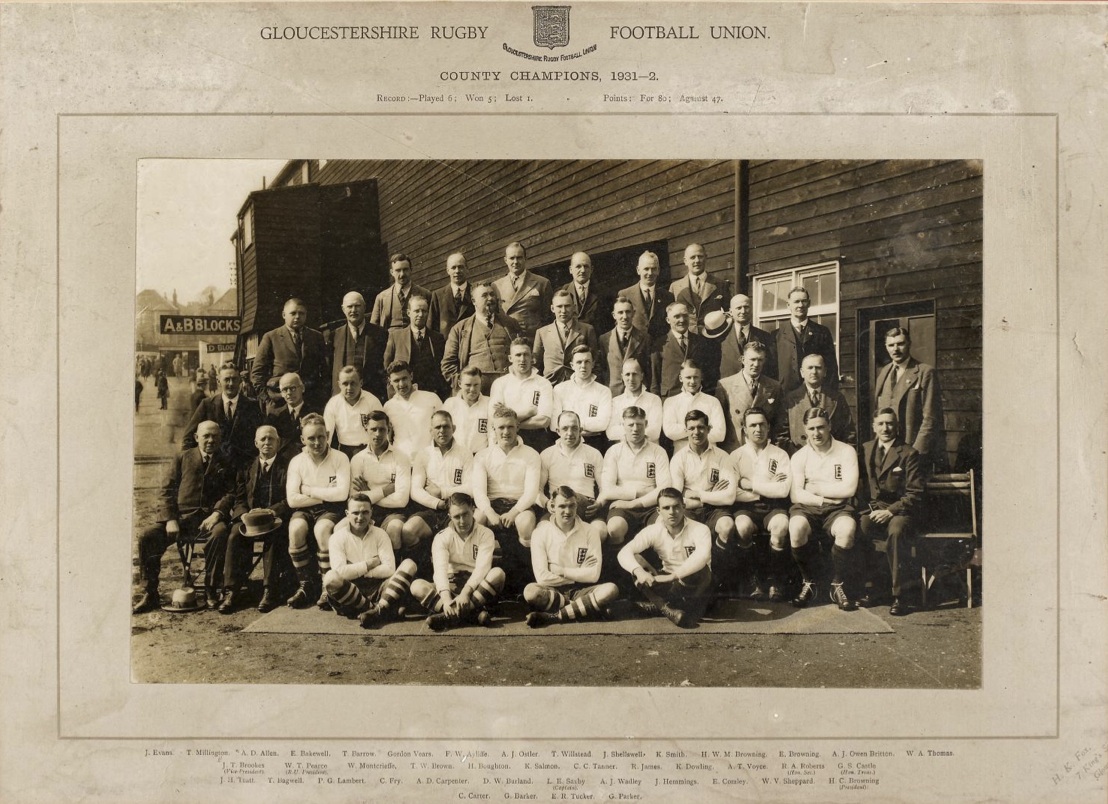 Gloucestershire County Champions 1931-32.  Kit Tanner (3rd Row, 7 from left).  Image courtesy of Gloucester Rugby Heritage