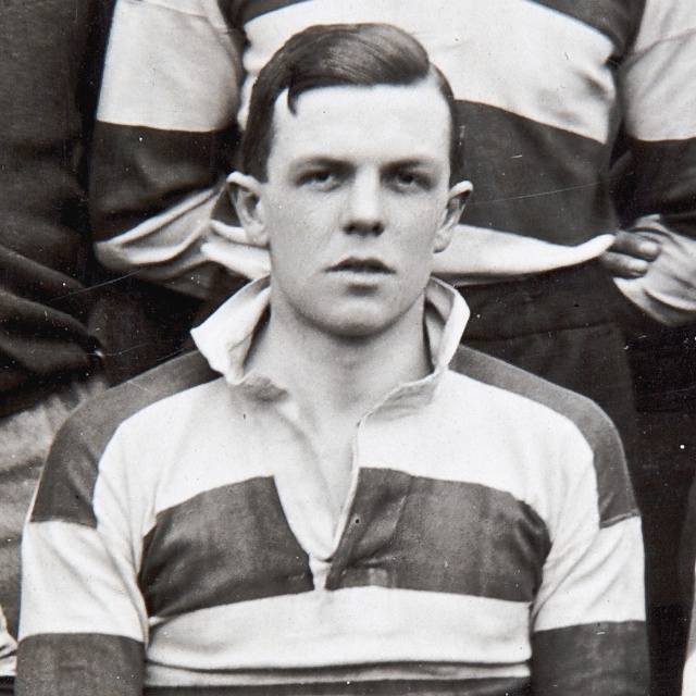 Kit Tanner in Gloucester's famaous Cherry and WHite hoops.  Image courtesy of Gloucester Rugby Heritage