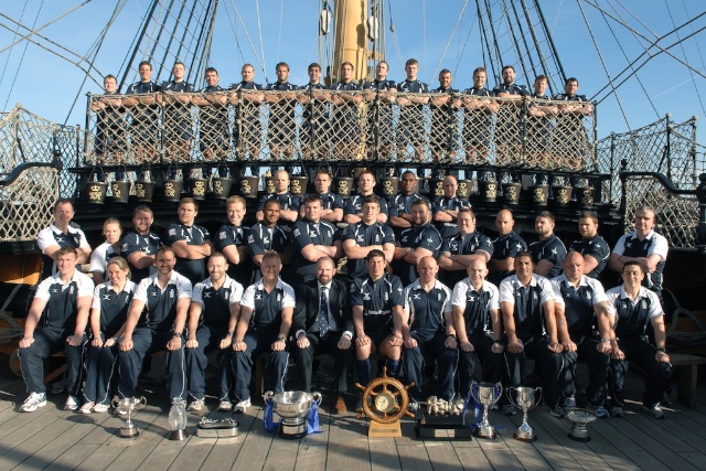 Not a bad haul!  Dave Pascoe with the Navy Squad when Navy Rugby was the proud holder of 9 trophies.  Crown Copyright